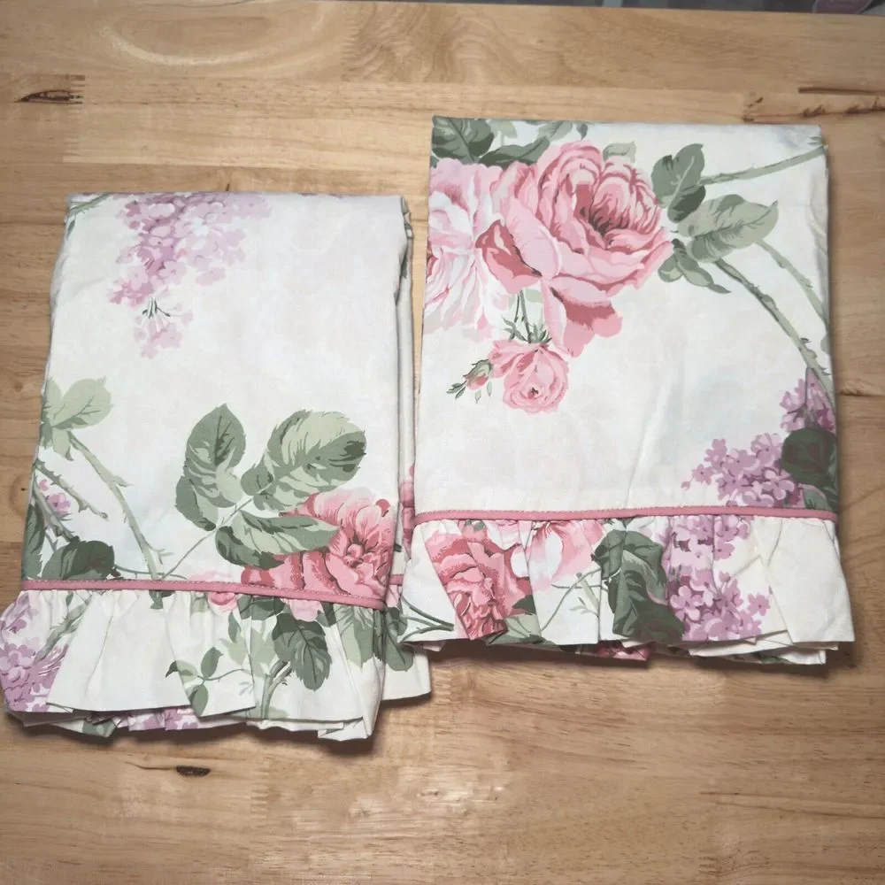 VTG Sanderson‎ By Martex Rose & Lilac Ruffled Set Of 2 KING Pillow Shams NOS
